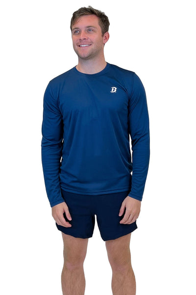 Front of Navy Unisex Crew UV Protection Long Sleeve on man 
