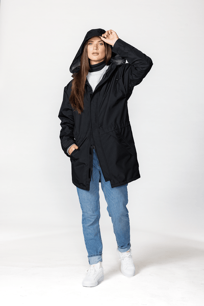 Black BOATHOUSE GORE-TEX© Waterproof Campus Parka with hood on woman