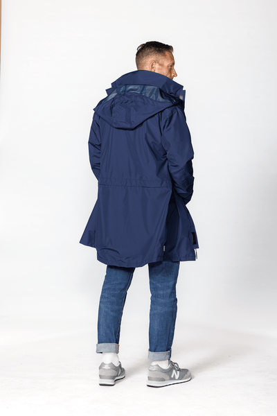 Back of Navy BOATHOUSE GORE-TEX© Waterproof Campus Parka on man